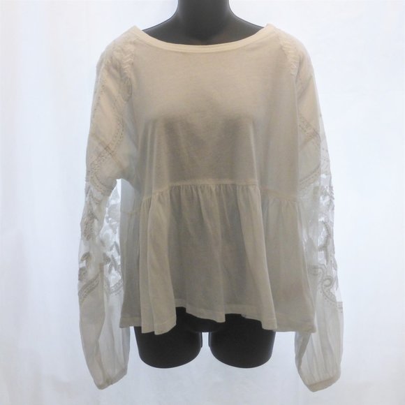 Small Free People White Cotton Embroidered Penny Tee Peasant Blouse Lace Sleeves - Picture 2 of 6